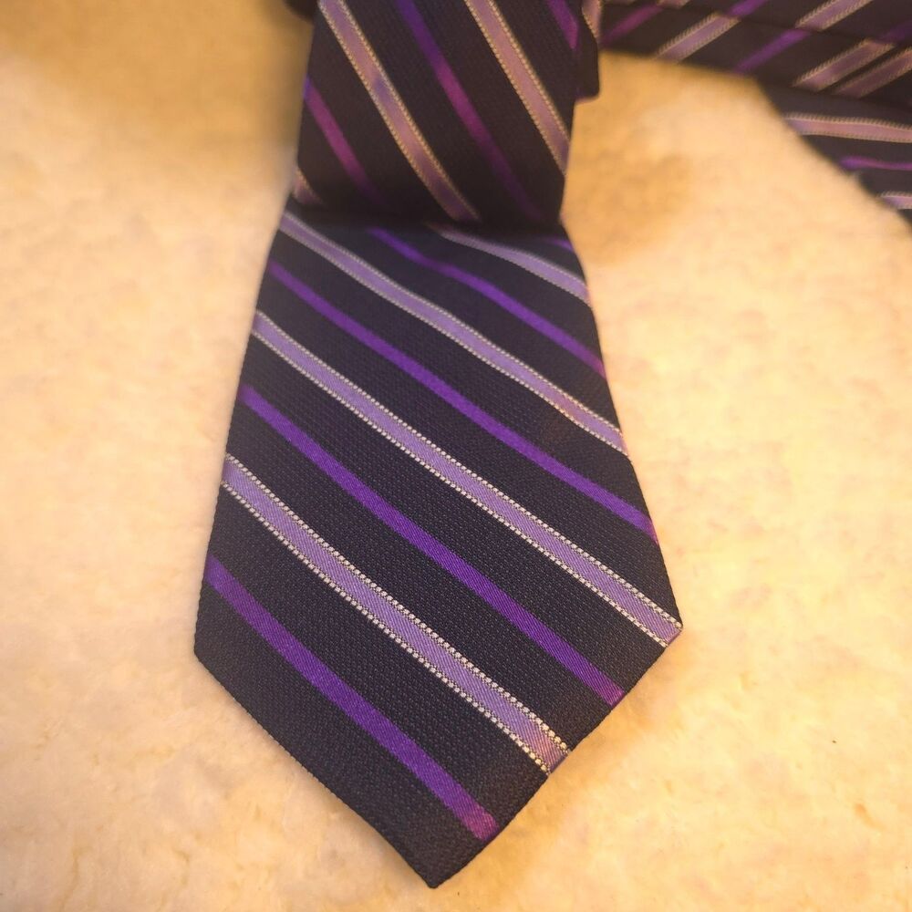 Cremieux Tie Men's Navy Purple Silver Striped 100% Silk Handmade